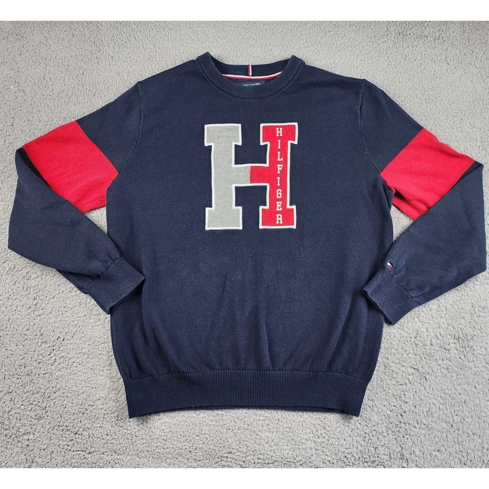 Tommy Hilfiger Sweater Mens Large Blue Knit Big H Logo Spell Out Letter Preppy